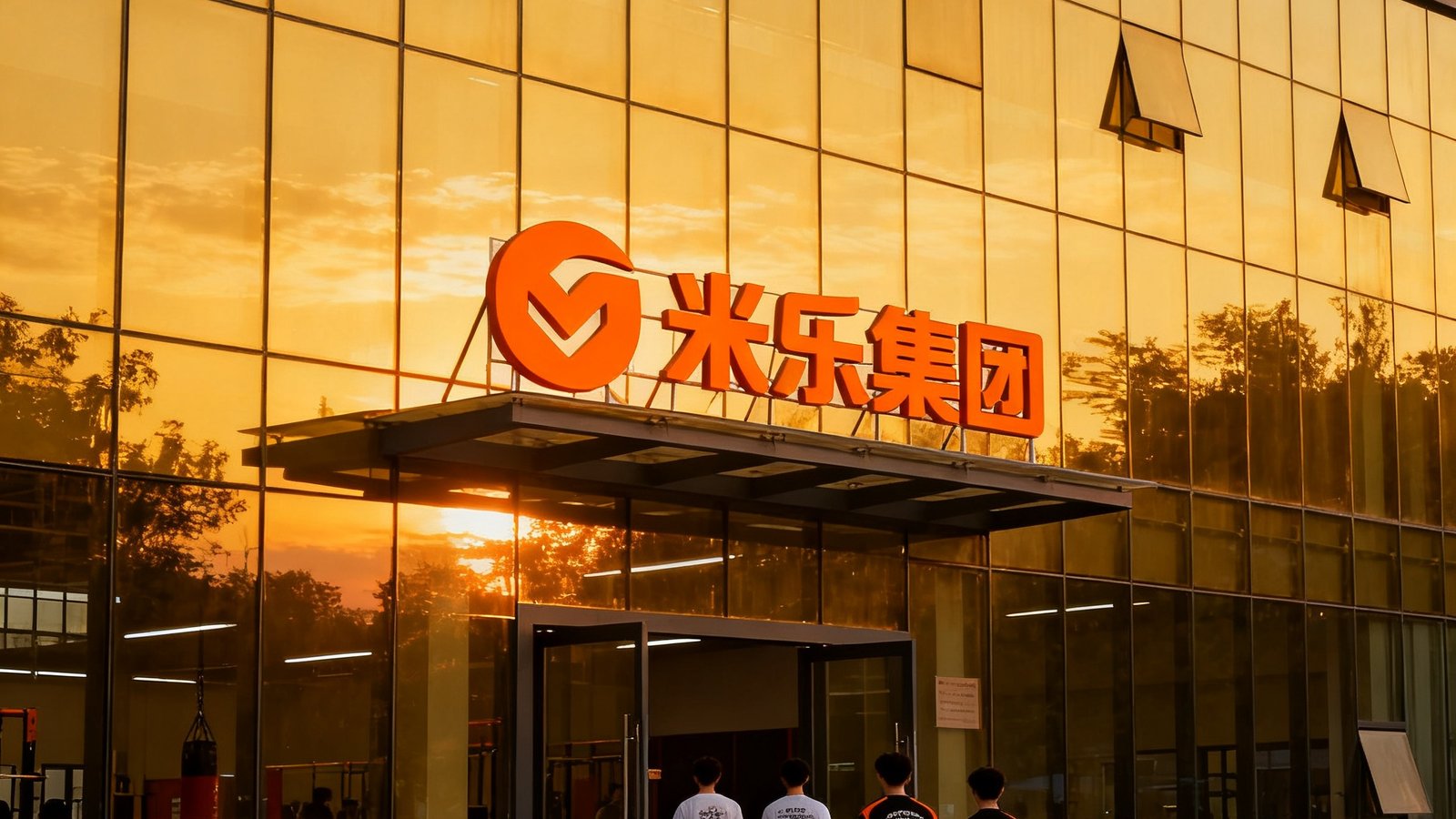 MILE米乐集团北京奥林匹克公园训练中心外景，玻璃幕墙建筑在夕阳下反射金色光芒，入口处悬挂着米乐集团标志性的橙色LOGO，几位身着训练服的学员正在进入场馆。