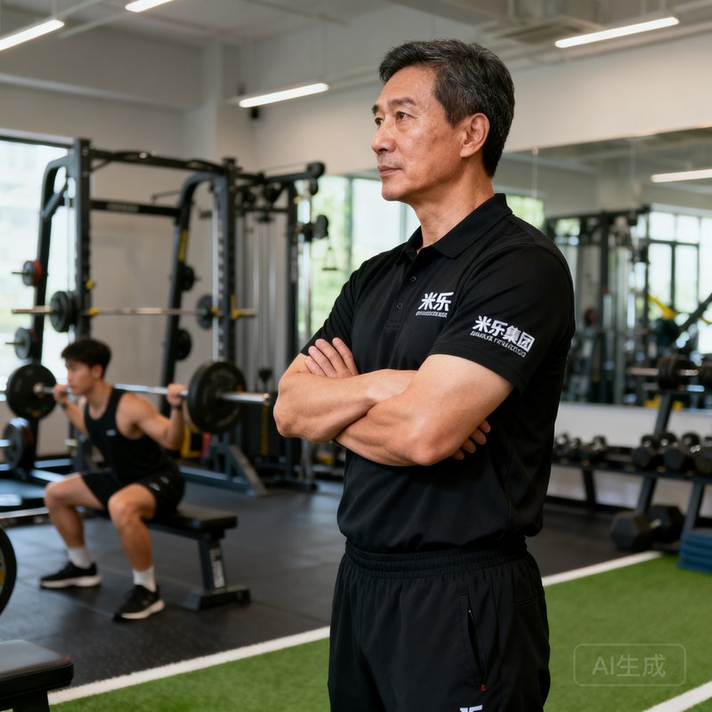 总教练周瀚宇的侧面半身照，他年约45岁，身穿米乐集团黑色训练服，双臂交叉站在训练场地边，眼神专注地观察着前方学员的训练动作，背景是力量训练区的器材。