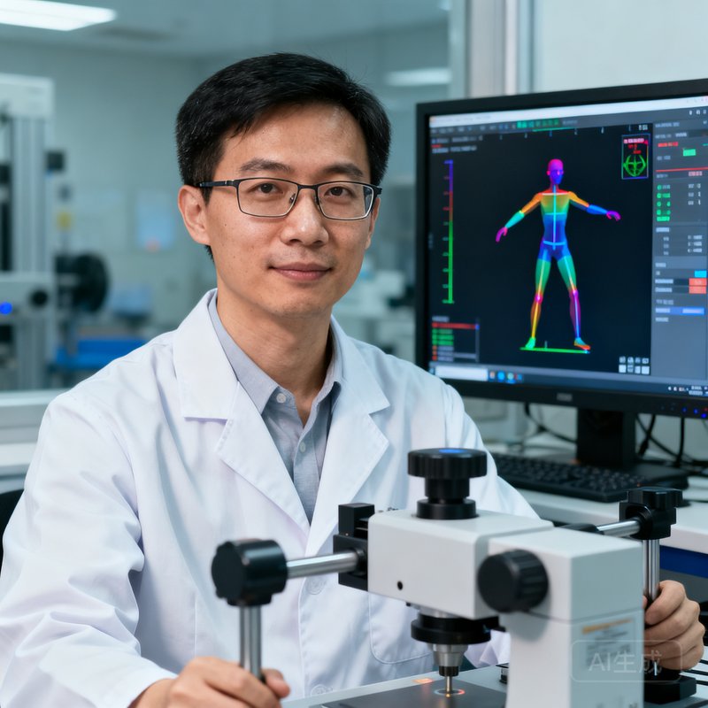 林知遥博士在实验室中的正面照，她戴着眼镜，身穿白大褂，正在操作运动生物力学分析设备，面前屏幕上显示着三维动作模型数据，表情专注而严谨。