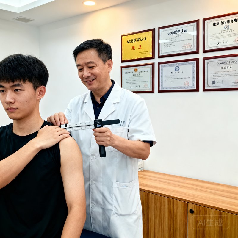 运动医学顾问陈卫东在诊室中的照片，他正为一位学员进行肩关节灵活性评估，使用专业测量工具，表情温和而专业，诊室墙上挂着多项医学认证证书。